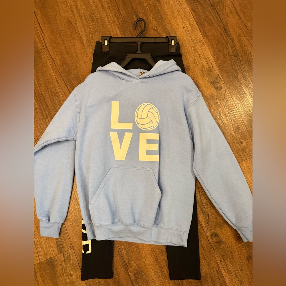 Volleyball blue Hoodie with matching black leggings. Size small. Comfy and cute!